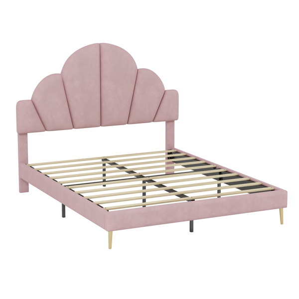 Queen Size Upholstered Bed Frame with Elegant Design, Modern Velvet Platform Bed with Petal Shape Headboard,Pink