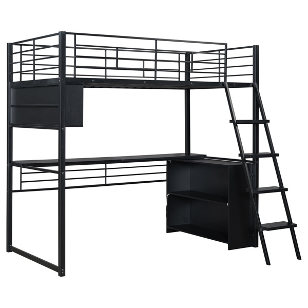 Twin Size Metal Loft Bed with LED, Desk and 4 Storage Shelves, Black