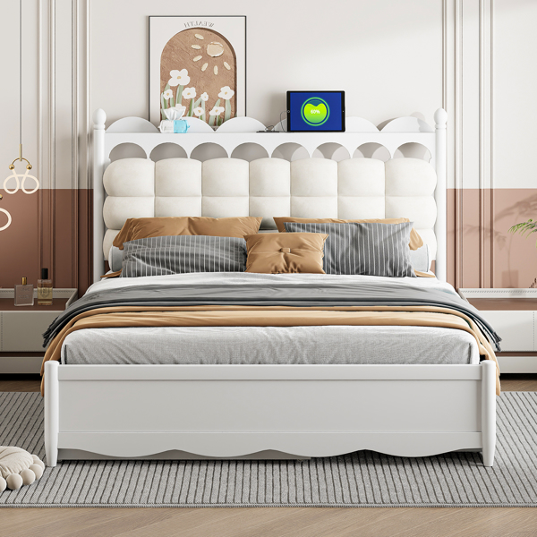 Queen Size Wooden Storage Platform Bed, with 2 Big Drawers, Twin-XL Size Trundle, White