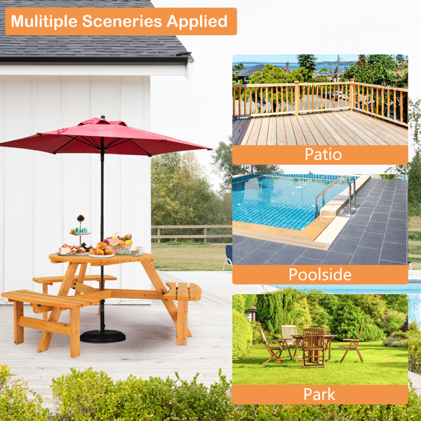 6-Person Outdoor Circular Wooden Picnic Table with 3 Built-In Benches, Outside Table and Bench Set for Porch Backyard Patio Lawn Garden