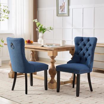 Modern, High-end Tufted Solid Wood Contemporary Flax Upholstered Linen Dining Chair with Wood Legs Nailhead Trim 2-Pcs Set,Blue Linen, SW6801BL