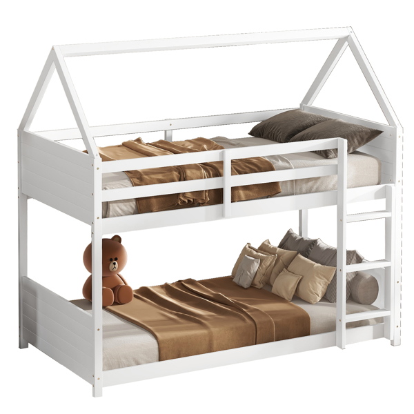 Twin Over Twin House Floor Bunk Bed with Headboards, Footboards and Guardrails, Ladder, Rubber Wood Bunk Bed with Safety Guardrails,White