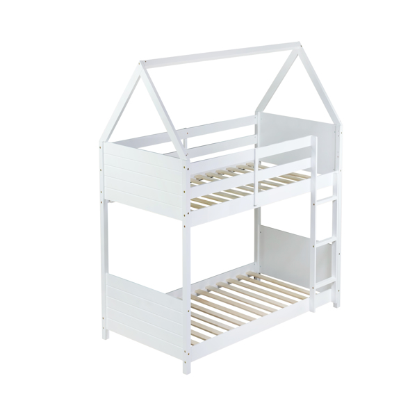 Twin Over Twin House Floor Bunk Bed with Headboards, Footboards and Guardrails, Ladder, Rubber Wood Bunk Bed with Safety Guardrails,White