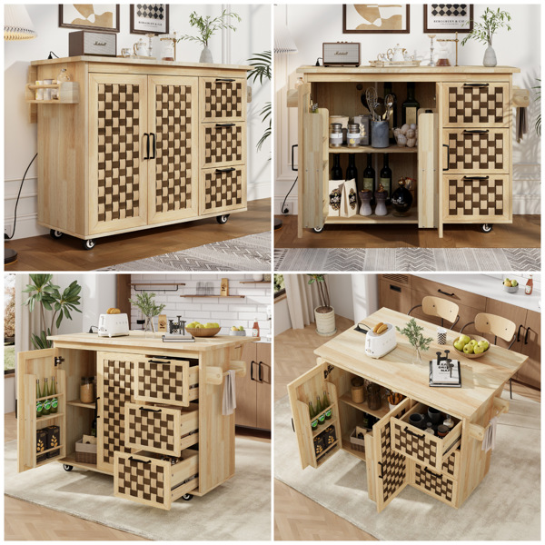 53.2"W 3D Woven Checkerboard Pattern Design Kitchen Island with Drop Leaf, Rolling Kitchen Island on Wheels with Internal Storage Rack, Power Outlet, Kitchen Cart with 3 Drawers 2 Cabinets, Nature