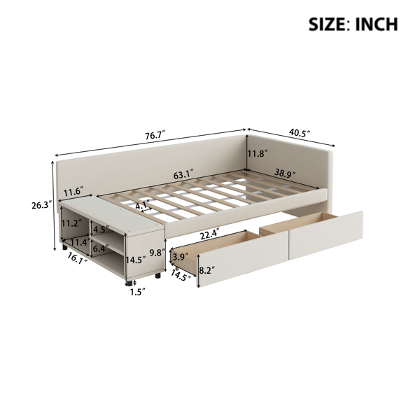 Twin size L-Shaped Upholstered Platform Bed with Storage and Drawers, Beige