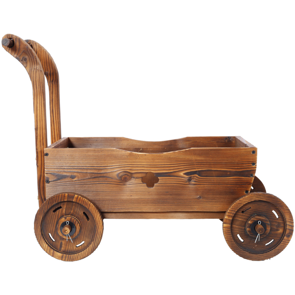 Wooden Wagon Planter Box, Mobile Garden Planter with 4 Wheels, Handle, Drain Hole, Decorative Flower Planter for Indoor & Outdoor Decor, Wooden Flower Cart for Patio, Garden, Balcony, Brown