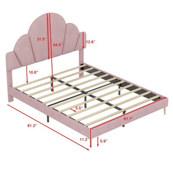 Queen Size Upholstered Bed Frame with Elegant Design, Modern Velvet Platform Bed with Petal Shape Headboard,Pink