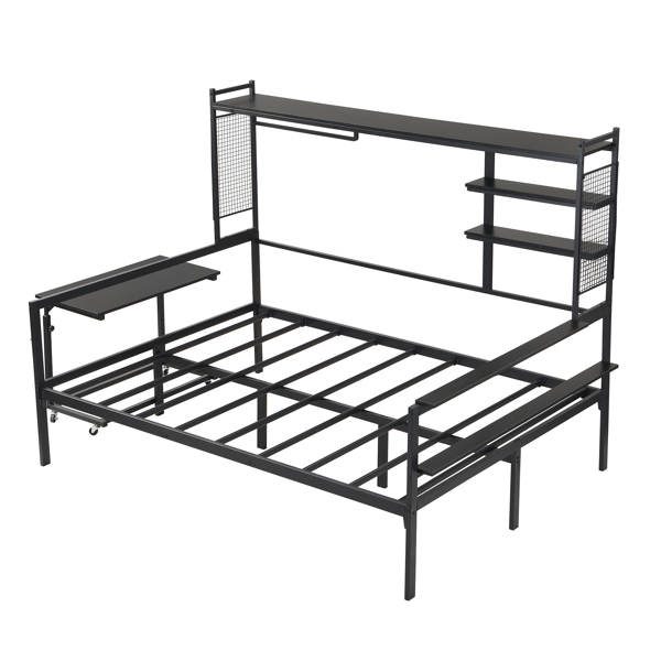 Full size Metal Daybed with Movable Desk, Metal Grid, Shelves and Clothes Hanger, Black