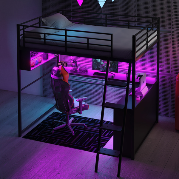 Full Size Metal Loft Bed with LED, Desk and 4 Storage Shelves, Black