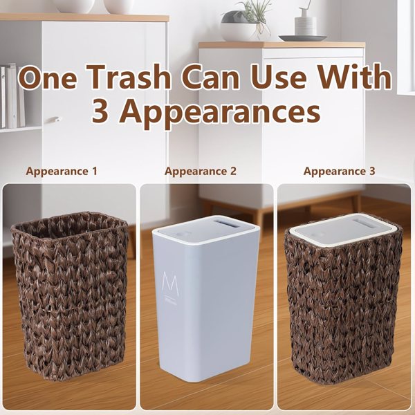 Bathroom Small Trash Can with Lid,2.6 Gallon Small Garbage Can with Rattan Basket, Slim Wicker Wastebasket Trash Can Press Top Lid for Bathroom,Kitchen,Office,Living Room,Bedroom-Brown