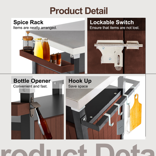 Outdoor Grill Cart with Stainless Steel Tabletop, Patio Kitchen Island with Wheels, Hooks, and Spice Rack, Waterproof Outdoor Grill Table, Movable BBQ Serving Cart Rolling Bar Cart