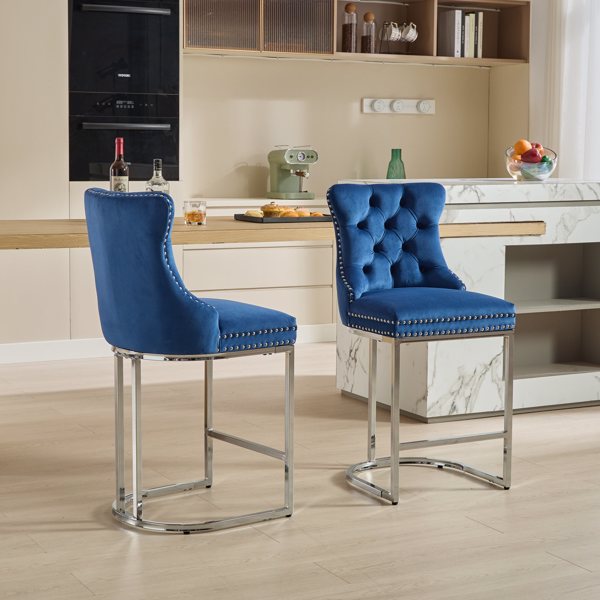 25" Counter Height Bar Stools Set of 2, Modern Velvet Barstools with Button Back&Rivet Trim Upholstered Kitchen Island Chairs with Sturdy Chromed Metal Base Legs Farmhouse Bar Stools, (Blue,2 Pack)