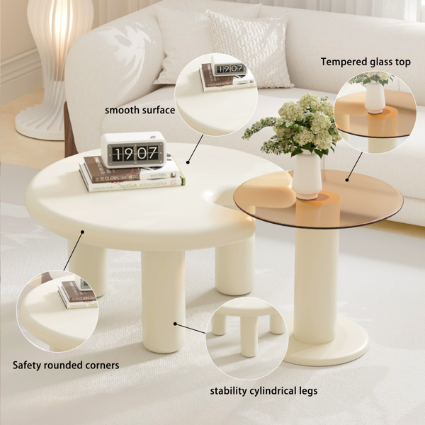 Circular Beige Cream Coffee Table Set Easy Assembly for Living Room