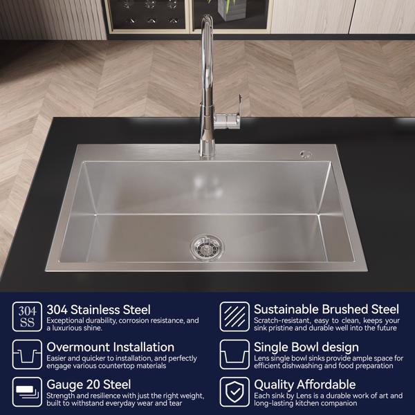 32 "x 19" x 10 " Embedded Single Bowl Kitchen Deep Sink, Equipped with Nano 304 Stainless Steel Satin Surface Household Thick Sink and Vegetable Sink (Sink Only)[Unable to ship on weekends]