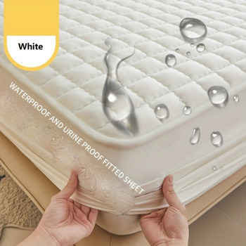 (Cream white 150cm*200cm) Cotton-Padded Waterproof Mattress Protector, Dust-Proof Bed Cover (Without Pillow and Core). Soft, Comfortable Solid Color Bedding Sheet for Bedroom, Guest Room. 