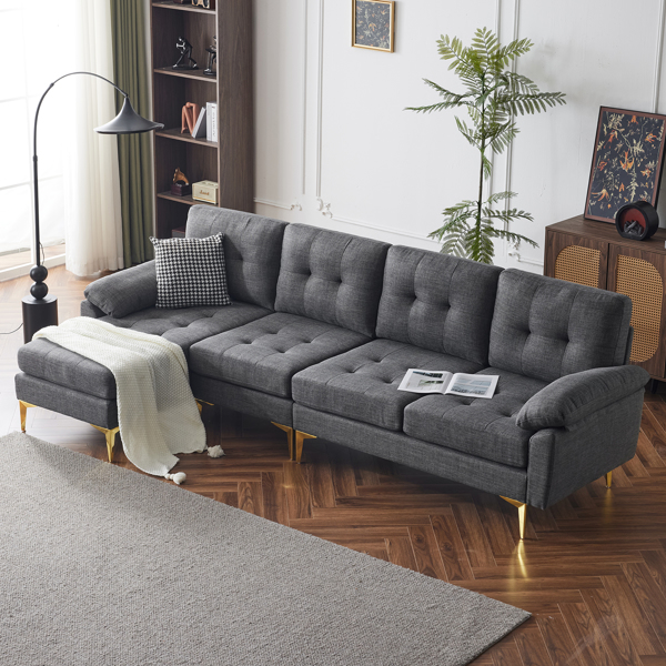 L-Shaped Sectional Sofa Couch for Living Room, Modern 4-Seater Tufted Linen Lounge Sleeper with Chaise, Dark Grey