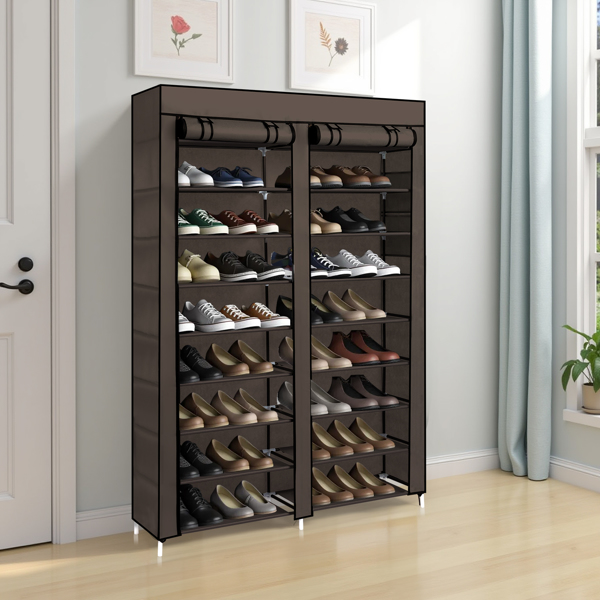 FCH Double Row 10-Tier Non-Woven Fabric Shoe Cabinet with Iron Pipes and Plastic Components, Brown