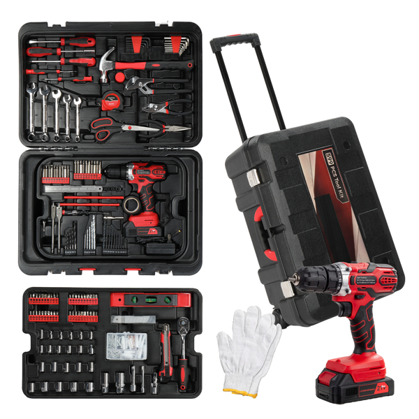 599 PCS Home Tool Set Kit, Auto Repair Tool Kit with Rolling Tool Box, Mechanic Tool Sets with 21V Max Cordless Power Drill