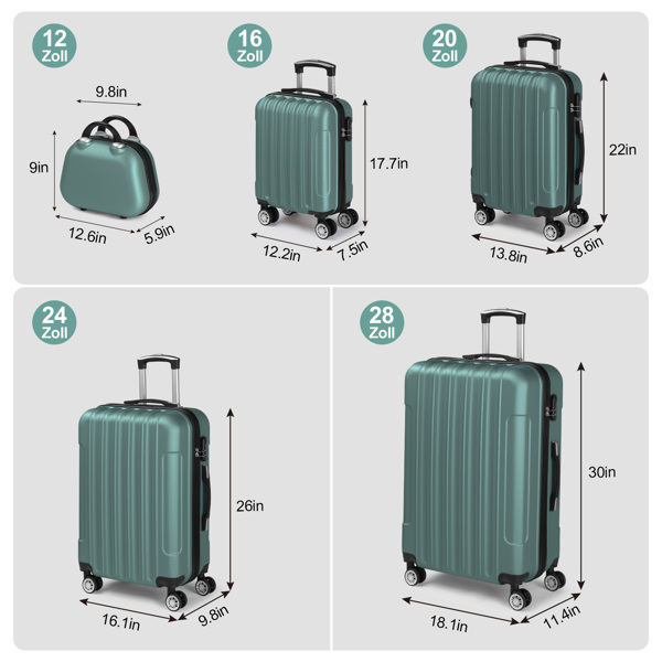 Product Name: FCH Vertical Stripe Five-Piece Set ABS Luggage 16in, 20in, 24in, 28in + 12in Handbag with ABS Material and Steel Telescopic Handle in Trendy Turquoise