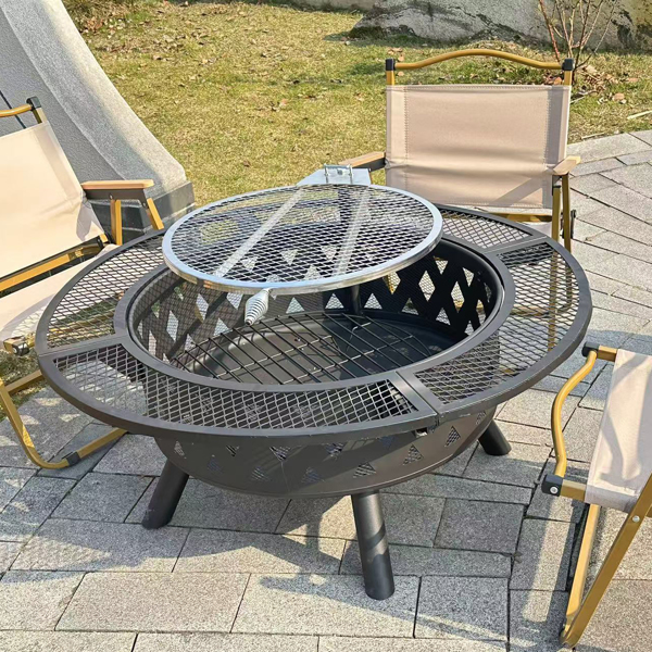 39-inch fire pit, outdoor wood-burning barbecue pit bowl, steel round table for picnic on backyard campfire patio