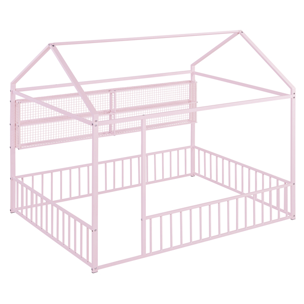 Full Size Metal Bed House Bed Frame with Fence and Shelves, Pink