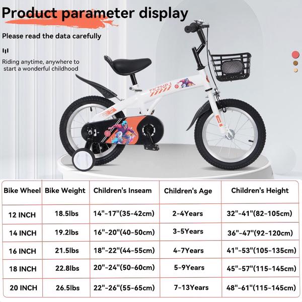 FKZNPJ 18 inch sporty kids bike with training wheels and stand Adjustable saddle Suitable for boys and girls aged 5-10 years tall Height 45-57 inches Available in a variety of colors