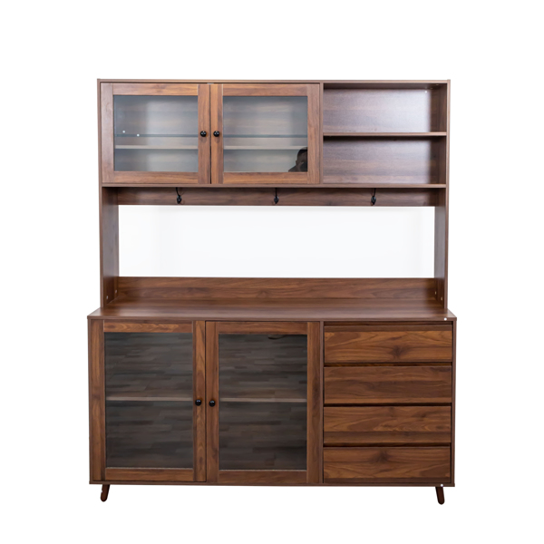 63" W Large Kitchen Hutch Cabinet, Freestanding Pantry Cabinets Storage Kitchen Cupboard with 4 Doors, 4 Drawers & Microwave Shelf, Walnut