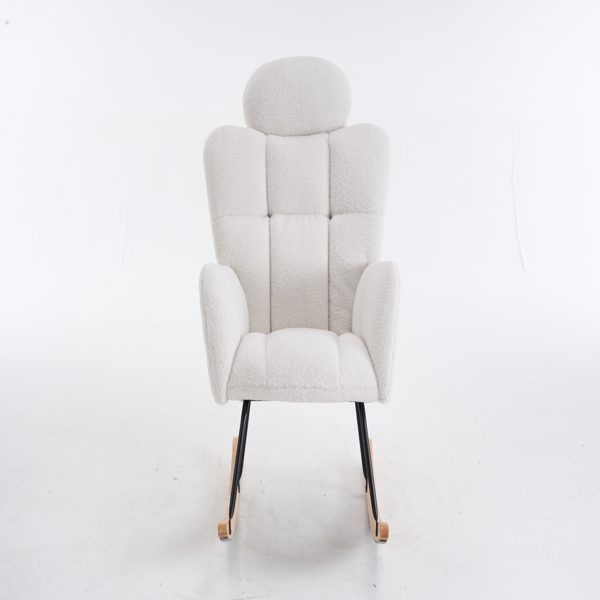 Fabric Upholstered Nursery Rocking Glider Chair Mid Century Modern Accent Arm Chair Padded Seat with High Backrest and Pillows for Living Room Bedroom Offices (Ivory Teddy)