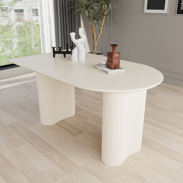 63 "Modern Fashion MDF New Cream Style Dining Table and Irregular Side Table, 4-8 Person Dining Table, Thick Engineering Wood Round Wave Table Legs, Home Kitchen Thick Elegant Cream White Table Top 