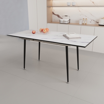 47\\" expandable to 63\\" inch MDF square white marble patterned dining table, modern industrial kitchen and dining table, equipped with tapered black metal legs,suitable for living rooms, gatherings, etc