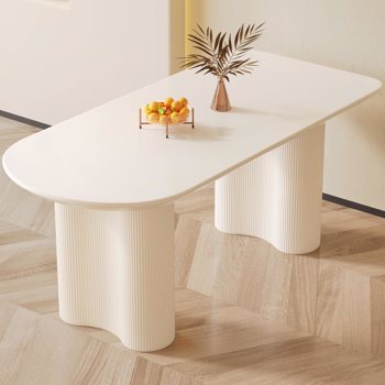 63 \\"Modern Fashion MDF New Cream Style Dining Table and Irregular Side Table, 4-8 Person Dining Table, Thick Engineering Wood Round Wave Table Legs, Home Kitchen Thick Elegant Cream White Table Top 