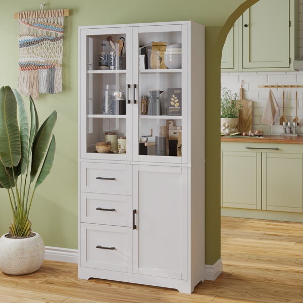 FCH 3 doors 3 drawers 5 layers Triamine board veneer 78*38.5*170cm display cabinet white N001