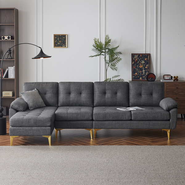 L-Shaped Sectional Sofa Couch for Living Room, Modern 4-Seater Tufted Linen Lounge Sleeper with Chaise, Dark Grey