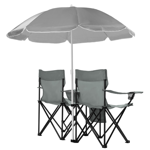 Portable Outdoor 2-Seat Folding Chair with Removable Sun Umbrella Grey