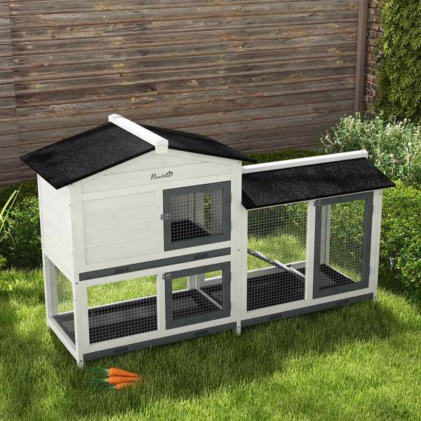 62" Rabbit Hutch, Wooden Bunny Hutch, Guinea Pig Cage, Small Animal Enclosure with Run Area, Removable Tray, Asphalt Roof, Lockable Doors and Ramp, White