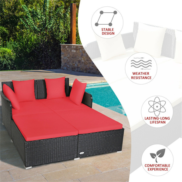 Red Outdoor Rattan Daybed with Upholstered Cushions