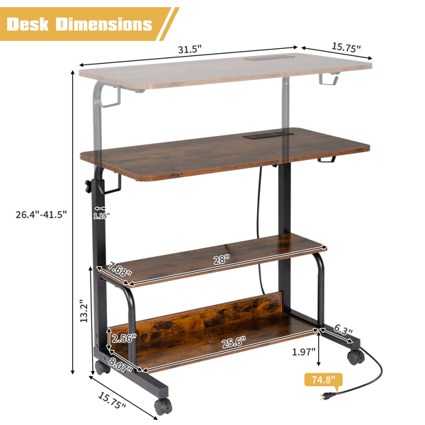 FCH Vintage Brown P2 15MM Particle Board with Melamine Coating Adjustable Computer Desk with 3 USB + 2 AC Outlets