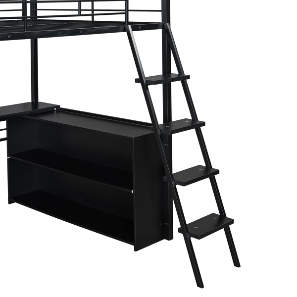 Full Size Metal Loft Bed with LED, Desk and 4 Storage Shelves, Black