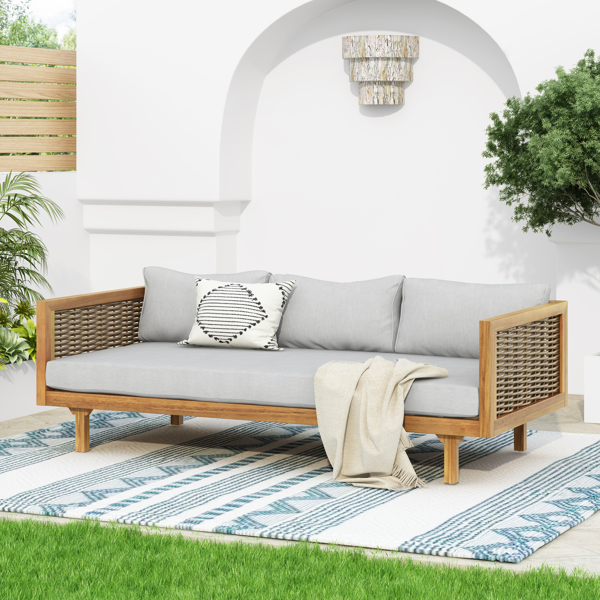 3 SEATER DAYBED WITH RATTAN ARMS (LIGHT GREY CUSHION)