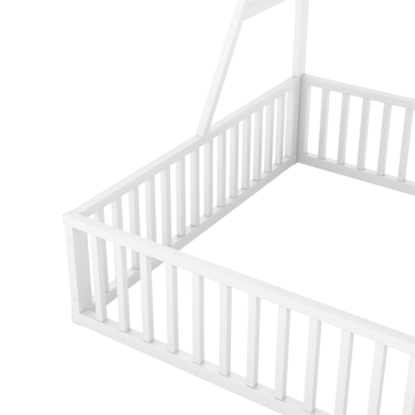 Full Size Floor Bed Frame with Safety Fence, Metal Floor Bed with Desk and Storage Shelves, Playhouse for Kids, White