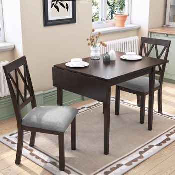 3 Piece Kitchen Dining Set with Drop Leaf Dining Table and 2 Dining Upholstered Chairs, Dining Room Set for Small Places, Espresso