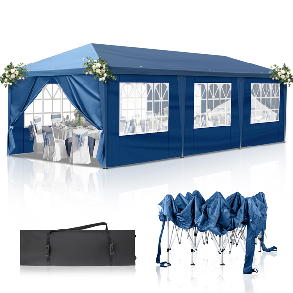 10x30ft Outdoor Pop Up Canopy, Portable Instant Canopy Tent with 8 Sidewalls for Outdoor Events Party Wedding Birthday Graduation, Blue