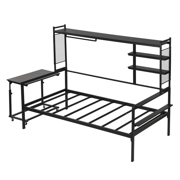 Twin size Metal Daybed with Movable Desk, Metal Grid, Shelves and Clothes Hanger, Black