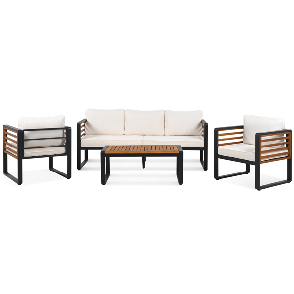 Large Size 4-pieces Outdoor Furniture sofa for 5 Person Conversation Set, Garden Sofa Set With Removable Cushion, Metal And Wood Frame Sofa set, Thick Cushions, Acacia Wood Tabletop, Beige