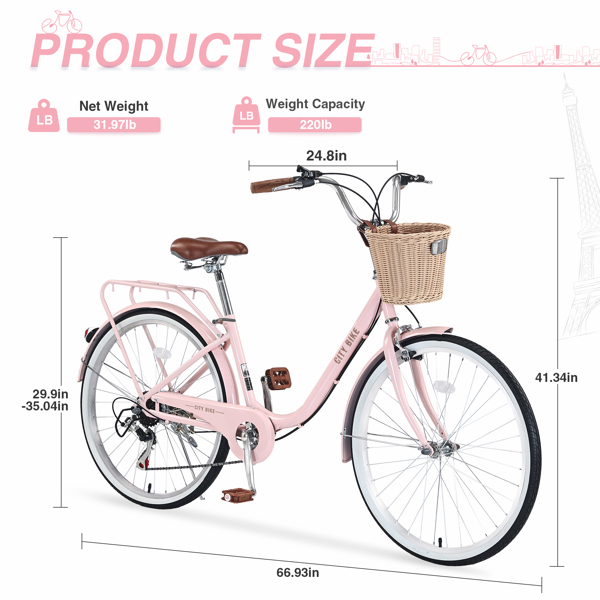 7 Speed City  Bike With  Basket , Steel Frame,Multiple Colors 26 Inch Girls Bicycle