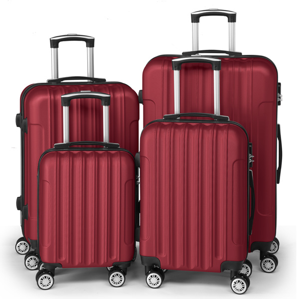 FCH Four-Piece Set Vertical Stripe ABS Luggage 16in, 20in, 24in, 28in with ABS Material and Steel Telescopic Handle in Classic Burgundy