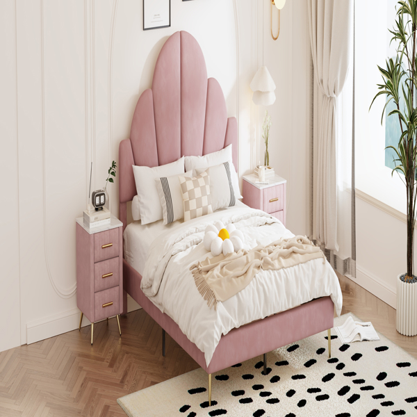 Queen Size Upholstered Bed Frame with Elegant Design, Modern Velvet Platform Bed with Petal Shape Headboard,Pink