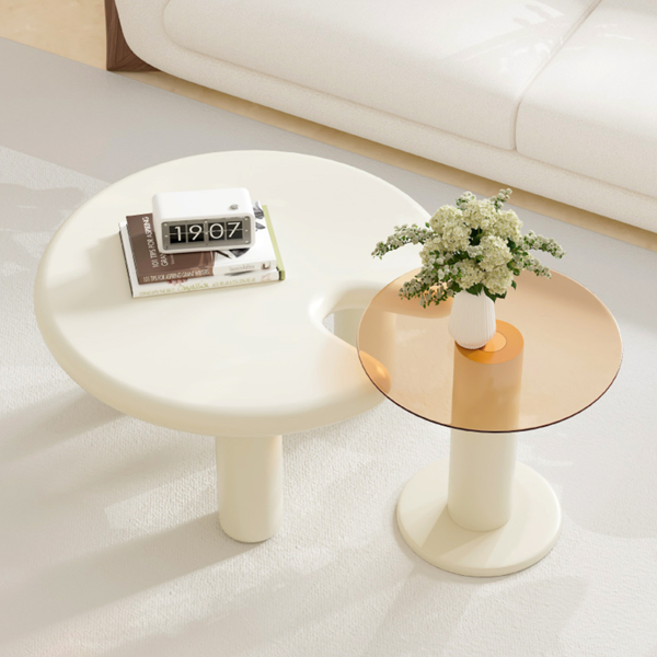 Circular Beige Cream Coffee Table Set Easy Assembly for Living Room