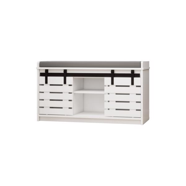 Modern Shoe Storage Bench, 2-Tier Entryway Bench with 2 Sliding Barn Doors & Full Soft Removable Seat Cushion for Entryway, Hallway, Bedroom-White