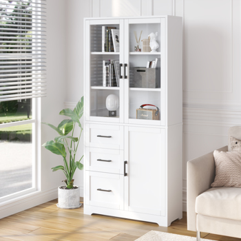 FCH 3 doors 3 drawers 5 layers Triamine board veneer 78*38.5*170cm display cabinet white N001